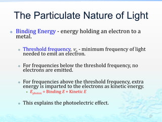 The Particulate Nature of Light
 Binding Energy - energy holding an electron to a
metal.
 Threshold frequency, o - minimum frequency of light
needed to emit an electron.
 For frequencies below the threshold frequency, no
electrons are emitted.
 For frequencies above the threshold frequency, extra
energy is imparted to the electrons as kinetic energy.
 Ephoton = Binding E + Kinetic E
 This explains the photoelectric effect.
27
 