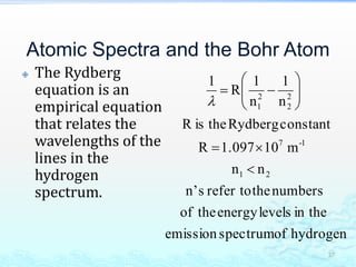 Atomic Spectra and the Bohr Atom
 The Rydberg
equation is an
empirical equation
that relates the
wavelengths of the
lines in the
hydrogen
spectrum.
37
hydrogenofspectrumemission
in thelevelsenergytheof
numberstherefer tosn’
nn
m101.097R
constantRydbergtheisR
n
1
n
1
R
1
21
1-7
2
2
2
1










 