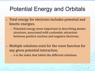 Potential Energy and Orbitals
 Total energy for electrons includes potential and
kinetic energies.
 Potential energy more important in describing atomic
structure; associated with coulombic attraction
between positive nucleus and negative electrons.
 Multiple solutions exist for the wave function for
any given potential interaction.
 n is the index that labels the different solutions.
49
 