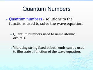 Quantum Numbers
 Quantum numbers - solutions to the
functions used to solve the wave equation.
 Quantum numbers used to name atomic
orbitals.
 Vibrating string fixed at both ends can be used
to illustrate a function of the wave equation.
53
 