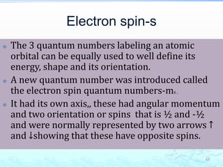 Electron spin-s
 The 3 quantum numbers labeling an atomic
orbital can be equally used to well define its
energy, shape and its orientation.
 A new quantum number was introduced called
the electron spin quantum numbers-ms .
 It had its own axis,, these had angular momentum
and two orientation or spins that is ½ and -½
and were normally represented by two arrows ↑
and ↓showing that these have opposite spins.
60
 