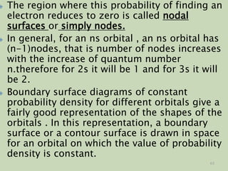  The region where this probability of finding an
electron reduces to zero is called nodal
surfaces or simply nodes.
 In general, for an ns orbital , an ns orbital has
(n-1)nodes, that is number of nodes increases
with the increase of quantum number
n.therefore for 2s it will be 1 and for 3s it will
be 2.
 Boundary surface diagrams of constant
probability density for different orbitals give a
fairly good representation of the shapes of the
orbitals . In this representation, a boundary
surface or a contour surface is drawn in space
for an orbital on which the value of probability
density is constant.
63
 