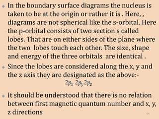  In the boundary surface diagrams the nucleus is
taken to be at the origin or rather it is . Here, ,
diagrams are not spherical like the s-orbital. Here
the p-orbital consists of two section s called
lobes. That are on either sides of the plane where
the two lobes touch each other. The size, shape
and energy of the three orbitals are identical .
 Since the lobes are considered along the x, y and
the z axis they are designated as the above:-
 It should be understood that there is no relation
between first magnetic quantum number and x, y,
z directions 64
 