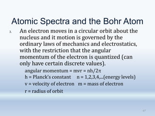 Atomic Spectra and the Bohr Atom
67
3. An electron moves in a circular orbit about the
nucleus and it motion is governed by the
ordinary laws of mechanics and electrostatics,
with the restriction that the angular
momentum of the electron is quantized (can
only have certain discrete values).
angular momentum = mvr = nh/2
h = Planck’s constant n = 1,2,3,4,...(energy levels)
v = velocity of electron m = mass of electron
r = radius of orbit
 