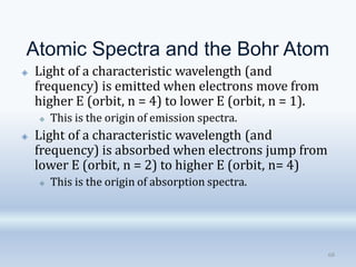 Atomic Spectra and the Bohr Atom
68
🞛 Light of a characteristic wavelength (and
frequency) is emitted when electrons move from
higher E (orbit, n = 4) to lower E (orbit, n = 1).
🞜 This is the origin of emission spectra.
🞛 Light of a characteristic wavelength (and
frequency) is absorbed when electrons jump from
lower E (orbit, n = 2) to higher E (orbit, n= 4)
🞜 This is the origin of absorption spectra.
 
