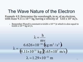 The Wave Nature of the Electron
Example 4.9. Determine the wavelength, in m, of an electron,
with mass 9.11 x 10-31 kg, having a velocity of 5.65 x 107 m/s.
🞜 Remember Planck’s constant is 6.626 x 10-34 Js which is also equal to
6.626 x 10-34 kg m2/s.
mv
72
6.6261034
kg m2
/s2

s
9.1110-31
kg5.65107
m/s
 1.291011
m
 
 
h
 