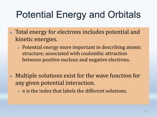 Potential Energy and Orbitals
🞛 Total energy for electrons includes potential and
kinetic energies.
🞜 Potential energy more important in describing atomic
structure; associated with coulombic attraction
between positive nucleus and negative electrons.
🞛 Multiple solutions exist for the wave function for
any given potential interaction.
🞜 n is the index that labels the different solutions.
76
 