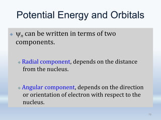 Potential Energy and Orbitals
🞛 n can be written in terms of two
components.
🞜 Radial component, depends on the distance
from the nucleus.
🞜 Angular component, depends on the direction
or orientation of electron with respect to the
nucleus.
78
 