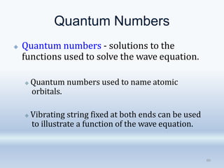 Quantum Numbers
80
🞛 Quantum numbers - solutions to the
functions used to solve the wave equation.
🞜 Quantum numbers used to name atomic
orbitals.
🞜 Vibrating string fixed at both ends can be used
to illustrate a function of the wave equation.
 