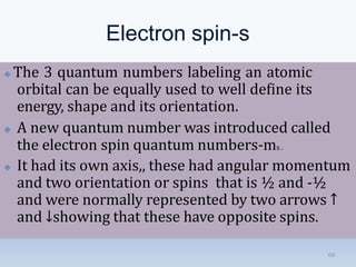 Electron spin-s
🞛 The 3 quantum numbers labeling an atomic
orbital can be equally used to well define its
energy, shape and its orientation.
🞛 A new quantum number was introduced called
the electron spin quantum numbers-ms .
🞛 It had its own axis,, these had angular momentum
and two orientation or spins that is ½ and -½
and were normally represented by two arrows ↑
and ↓showing that these have opposite spins.
60
 