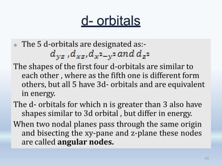 d- orbitals
🞛 The 5 d-orbitals are designated as:-
The shapes of the first four d-orbitals are similar to
each other , where as the fifth one is different form
others, but all 5 have 3d- orbitals and are equivalent
in energy.
The d- orbitals for which n is greater than 3 also have
shapes similar to 3d orbital , but differ in energy.
When two nodal planes pass through the same origin
and bisecting the xy-pane and z-plane these nodes
are called angular nodes.
93
 