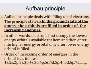 Aufbau principle
🞛 Aufbau principle deals with filling up of electrons.
The principle states:- In the ground state of the
atoms , the orbitals are filled in order of the
increasing energies.
🞛 In other words, electrons first occupy the lowest
energy orbitals available tot hem and then enter
into higher energy orbital only after lower energy
orbital is filled.
🞛 Order of increasing order of energies in the
orbital is as follows:-
1s,2s,2p,3s,3p,4s,3d,4p,5s,4d,5p,4f,5d,6p,7s……..
97
 