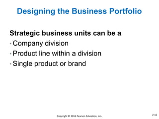 Strategic business units can be a
• Company division
• Product line within a division
• Single product or brand
Designing the Business Portfolio
Copyright © 2016 Pearson Education, Inc. 2-16
 
