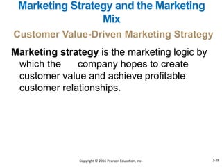 Marketing strategy is the marketing logic by
which the company hopes to create
customer value and achieve profitable
customer relationships.
Marketing Strategy and the Marketing
Mix
Customer Value-Driven Marketing Strategy
Copyright © 2016 Pearson Education, Inc. 2-28
 