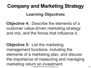 • Objective 4: Describe the elements of a
customer value-driven marketing strategy
and mix, and the forces that influence it.
• Objective 5: List the marketing
management functions, including the
elements of a marketing plan, and discuss
the importance of measuring and managing
marketing return on investment.
Learning Objectives
Company and Marketing Strategy
Copyright © 2016 Pearson Education, Inc. 2-3
 