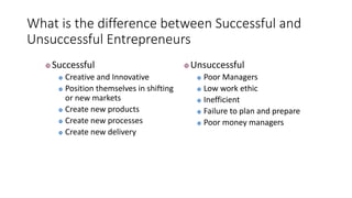 What is the difference between Successful and
Unsuccessful Entrepreneurs
 Successful
 Creative and Innovative
 Position themselves in shifting
or new markets
 Create new products
 Create new processes
 Create new delivery
 Unsuccessful
 Poor Managers
 Low work ethic
 Inefficient
 Failure to plan and prepare
 Poor money managers
 