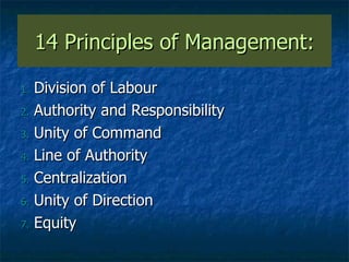 14 Principles of Management: Division of Labour Authority and Responsibility Unity of Command Line of Authority Centralization Unity of Direction Equity 