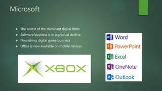 Microsoft
 The oldest of the dominant digital firms
 Software business is in a gradual decline
 Flourishing digital game business
 Office is now available on mobile devices
 