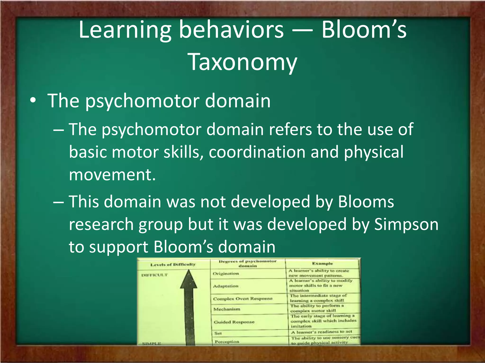 Learning behaviors — Bloom’s
Taxonomy
• The psychomotor domain
– The psychomotor domain refers to the use of
basic motor skills, coordination and physical
movement.
– This domain was not developed by Blooms
research group but it was developed by Simpson
to support Bloom’s domain

 