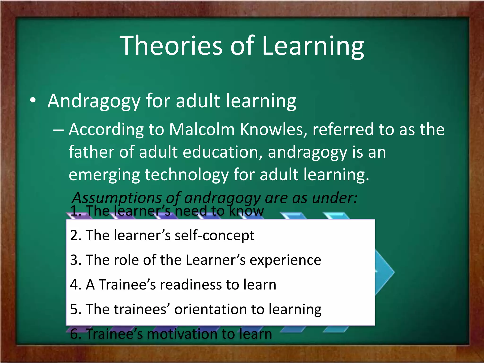 Theories of Learning
• Andragogy for adult learning
– According to Malcolm Knowles, referred to as the
father of adult education, andragogy is an
emerging technology for adult learning.
Assumptions of andragogy are as under:

1. The learner’s need to know

2. The learner’s self-concept
3. The role of the Learner’s experience
4. A Trainee’s readiness to learn

5. The trainees’ orientation to learning
6. Trainee’s motivation to learn

 
