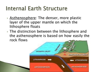  Asthenosphere: The denser, more plastic
layer of the upper mantle on which the
lithosphere floats
 The distinction between the lithosphere and
the asthenosphere is based on how easily the
rock flows
 