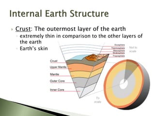  Crust: The outermost layer of the earth
◦ extremely thin in comparison to the other layers of
the earth
◦ Earth’s skin
 