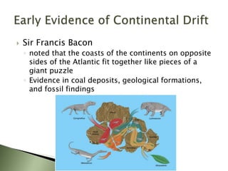  Sir Francis Bacon
◦ noted that the coasts of the continents on opposite
sides of the Atlantic fit together like pieces of a
giant puzzle
◦ Evidence in coal deposits, geological formations,
and fossil findings
 