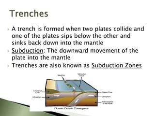  A trench is formed when two plates collide and
one of the plates sips below the other and
sinks back down into the mantle
 Subduction: The downward movement of the
plate into the mantle
 Trenches are also known as Subduction Zones
 