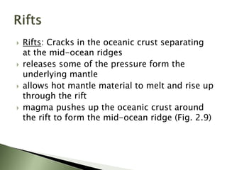  Rifts: Cracks in the oceanic crust separating
at the mid-ocean ridges
 releases some of the pressure form the
underlying mantle
 allows hot mantle material to melt and rise up
through the rift
 magma pushes up the oceanic crust around
the rift to form the mid-ocean ridge (Fig. 2.9)
 