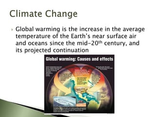  Global warming is the increase in the average
temperature of the Earth’s near surface air
and oceans since the mid-20th century, and
its projected continuation
 