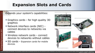 Computing
Essentials
2017
© 2017 by McGraw-Hill Education. This proprietary material solely for authorized instructor use. Not authorized for sale or distribution in any manner. This document may not be copied, scanned, duplicated, forwarded, distributed, or
posted on a website, in whole or part.
Expansion Slots and Cards
Expands your system’s capabilities:
 Graphics cards - for high quality 3D
graphics
 Network interface cards (NIC) -
connect devices to networks via
cables
 Wireless network cards - connect
devices to networks without cables
 SD cards - Expansion cards for mobile
devices
 