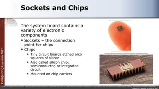 Computing
Essentials
2017
© 2017 by McGraw-Hill Education. This proprietary material solely for authorized instructor use. Not authorized for sale or distribution in any manner. This document may not be copied, scanned, duplicated, forwarded, distributed, or
posted on a website, in whole or part.
Sockets and Chips
The system board contains a
variety of electronic
components
 Sockets – the connection
point for chips
 Chips
 Tiny circuit boards etched onto
squares of silicon
 Also called silicon chip,
semiconductor, or integrated
circuit
 Mounted on chip carriers
 