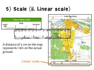 5) Scale (ii. Linear scale)
	
  
	
  
A	
  distance	
  of	
  3	
  cm	
  on	
  the	
  map	
  
represents	
  1	
  km	
  on	
  the	
  actual	
  
ground.	
  
	
  	
  
	
   	
  Linear	
  scale	
  
	
  	
  
 