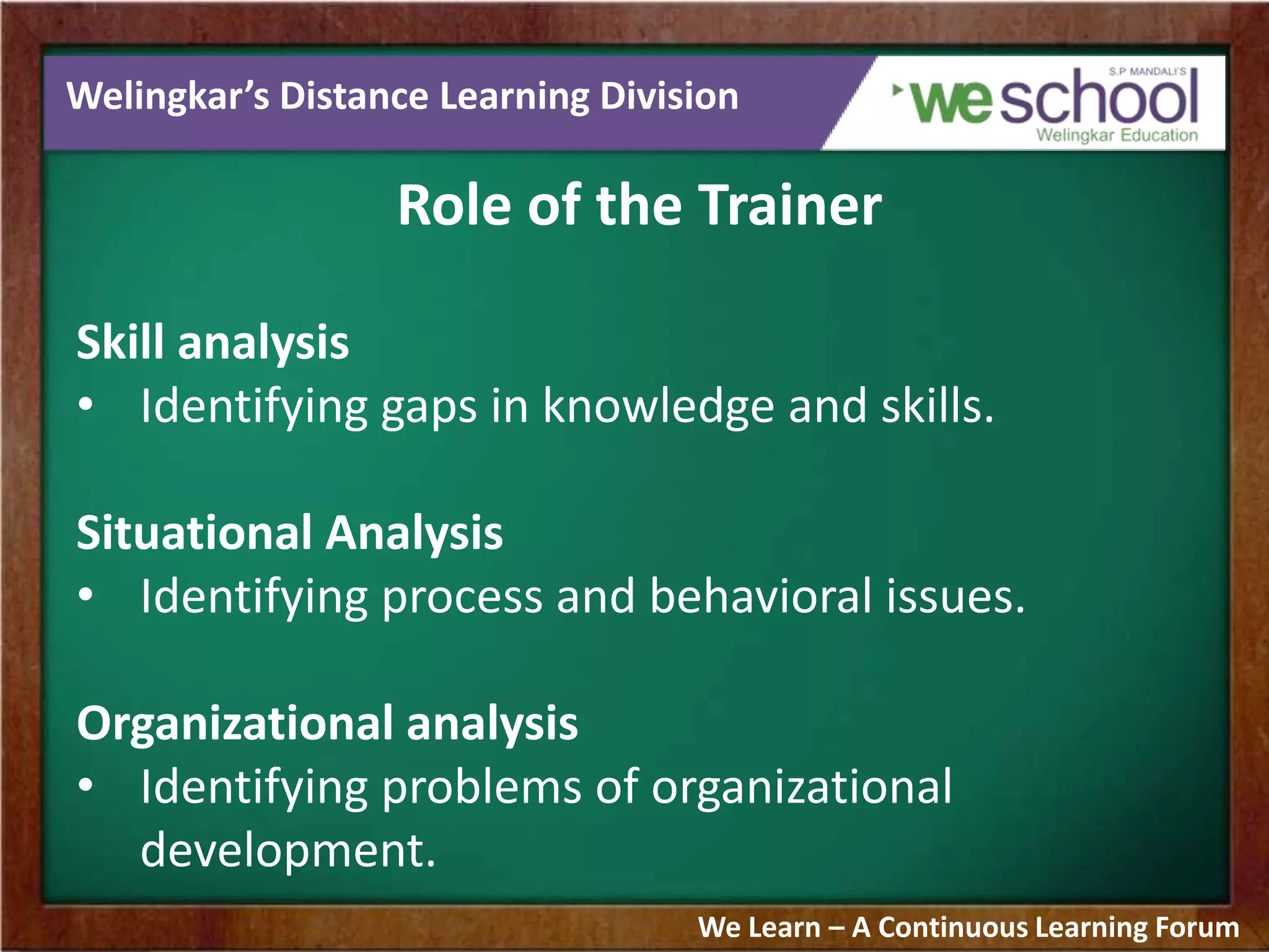 Welingkar’s Distance Learning Division
Role of the Trainer
Skill analysis
• Identifying gaps in knowledge and skills.
Situational Analysis
• Identifying process and behavioral issues.
Organizational analysis
• Identifying problems of organizational
development.
We Learn – A Continuous Learning Forum
 