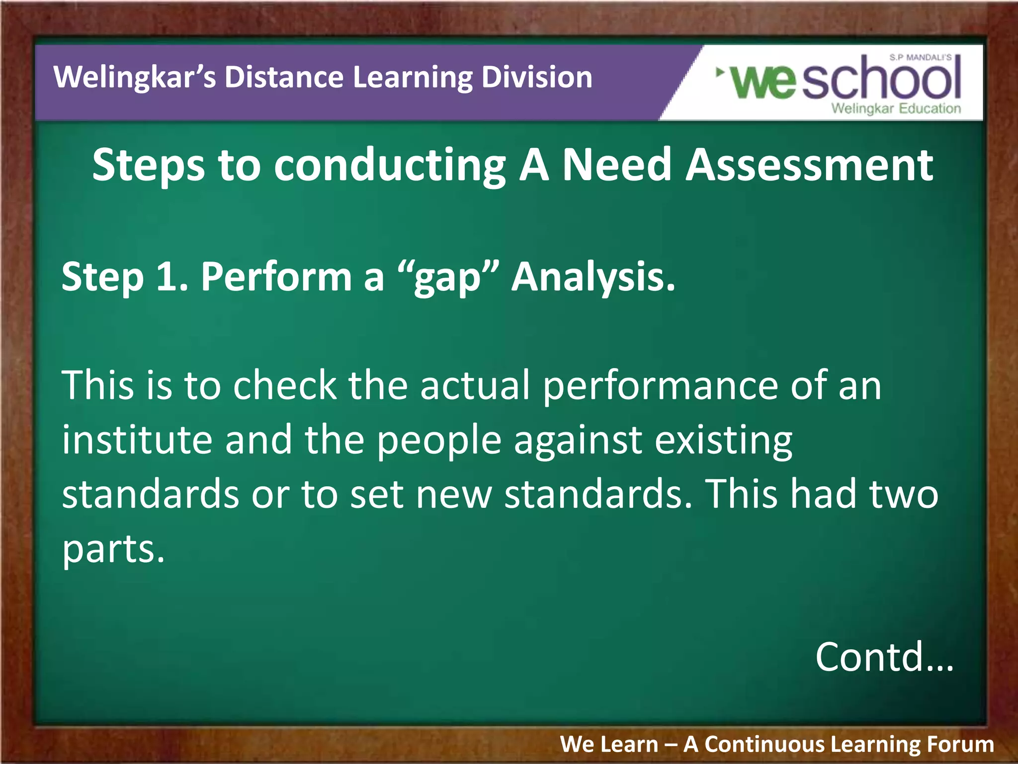 Welingkar’s Distance Learning Division
Steps to conducting A Need Assessment
Step 1. Perform a “gap” Analysis.
This is to check the actual performance of an
institute and the people against existing
standards or to set new standards. This had two
parts.
Contd…
We Learn – A Continuous Learning Forum
 