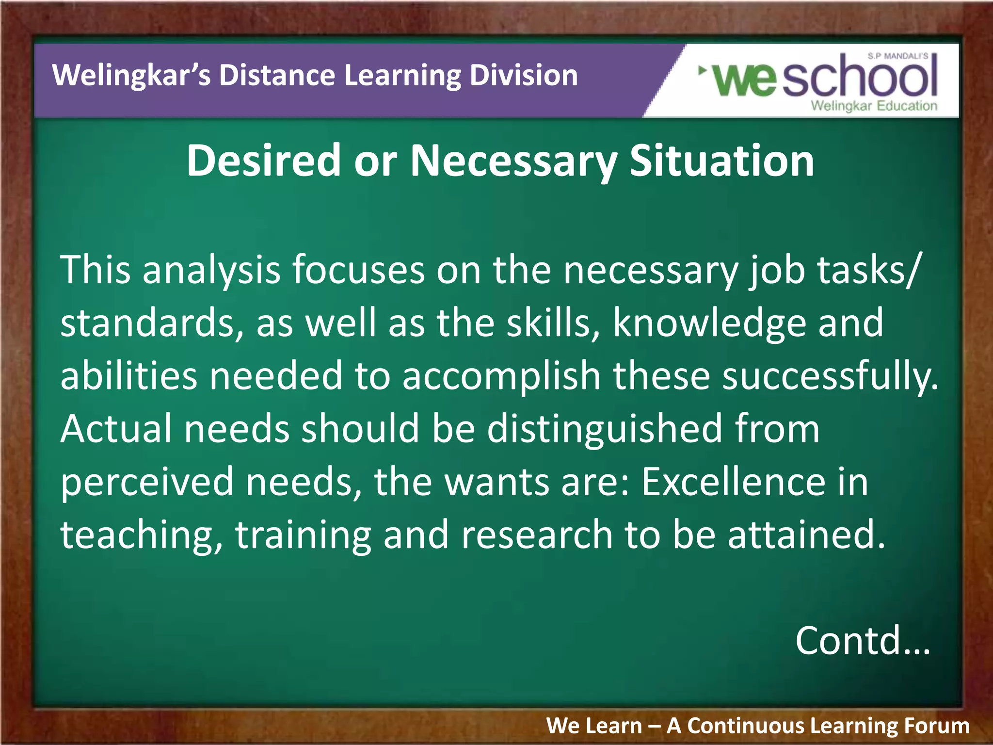 Welingkar’s Distance Learning Division
Desired or Necessary Situation
This analysis focuses on the necessary job tasks/
standards, as well as the skills, knowledge and
abilities needed to accomplish these successfully.
Actual needs should be distinguished from
perceived needs, the wants are: Excellence in
teaching, training and research to be attained.
Contd…
We Learn – A Continuous Learning Forum
 