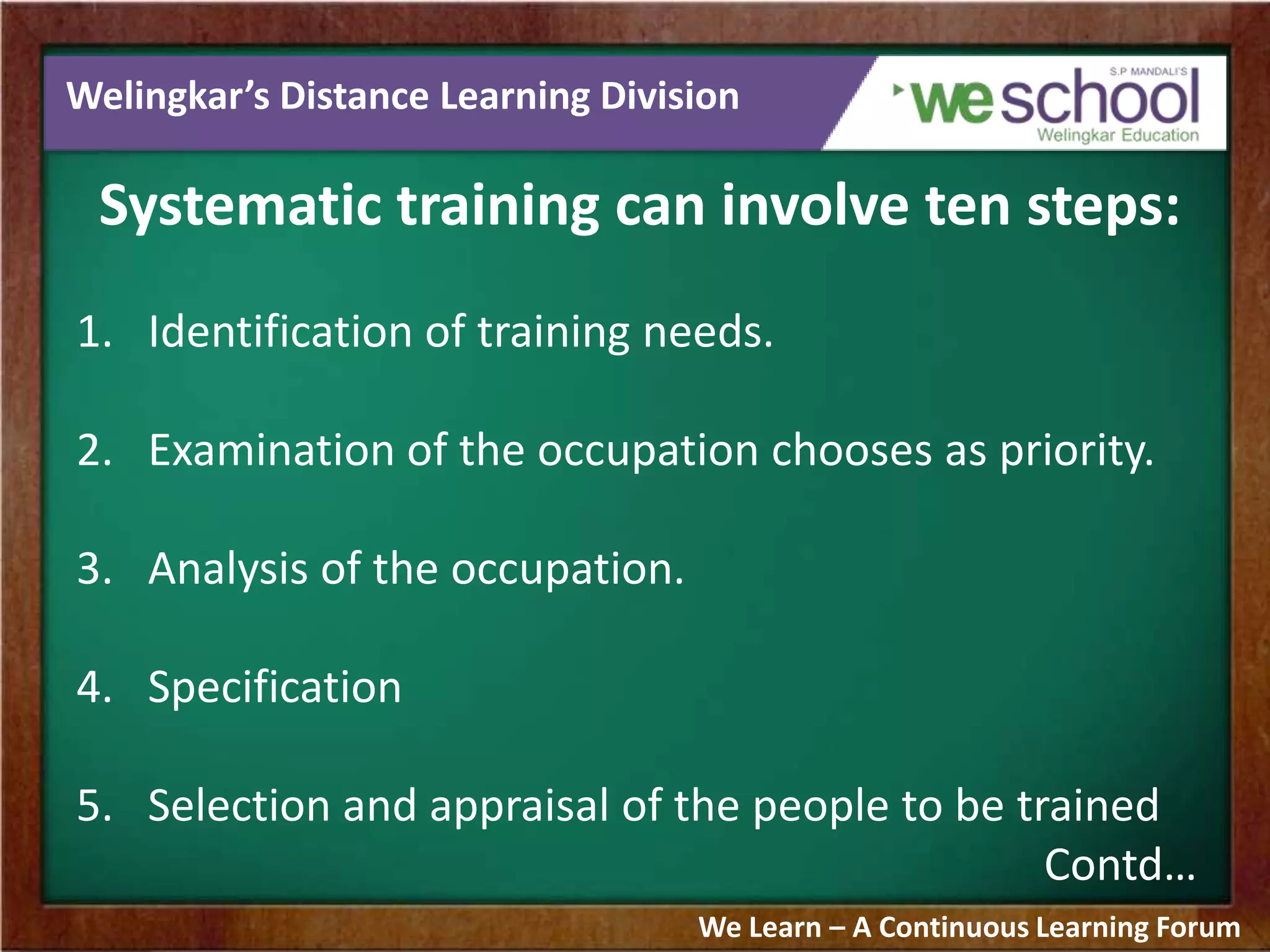 Welingkar’s Distance Learning Division
Systematic training can involve ten steps:
1. Identification of training needs.
2. Examination of the occupation chooses as priority.
3. Analysis of the occupation.
4. Specification
5. Selection and appraisal of the people to be trained
Contd…
We Learn – A Continuous Learning Forum
 