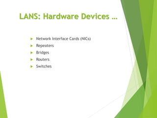 LANS: Hardware Devices …
 Network Interface Cards (NICs)
 Repeaters
 Bridges
 Routers
 Switches
 