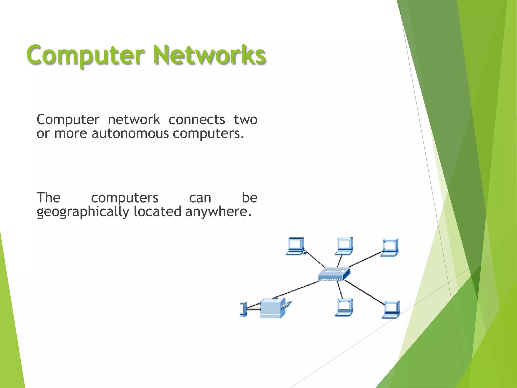 Computer Networks
Computer network connects two
or more autonomous computers.
The computers can be
geographically located anywhere.
 