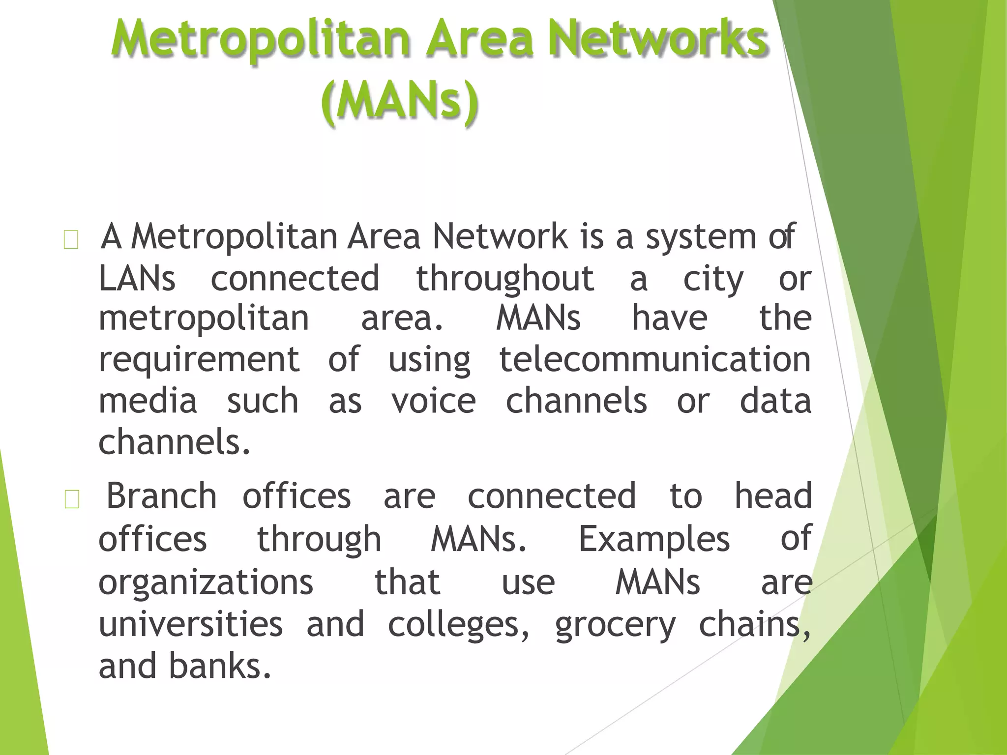 Metropolitan Area Networks
(MANs)
A Metropolitan Area Network is a system of
LANs connected throughout a city or
area. MANs have the
of using telecommunication
as voice channels or data
metropolitan
requirement
media such
channels.
offices through MANs. Examples
Branch offices are connected to head
of
organizations that use MANs are
universities and colleges, grocery chains,
and banks.
 