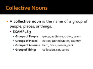 Collective NounsA collective noun is the name of a group of people, places, or things.EXAMPLE 3Groups of People	group, audience, crowd, teamGroups of Places	nation, United States, countryGroups of Animals	herd, flock, swarm, packGroup of Things	collection, set, series