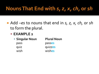 Nouns That End with s, z, x, ch, or shAdd –esto nouns that end in s, z, x, ch, or shto form the plural.EXAMPLE 2Singular Noun	Plural Nounpass			passesquiz			quizzeswish			wishes