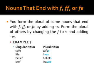 Nouns That End with f, ff, or feYou form the plural of some nouns that end with f, ff, or feby adding –s. Form the plural of others by changing the f to v and adding    –es.EXAMPLE 7Singular Noun	Plural Nounsafe			safeslife			livesbelief			beliefsleaf			leaves