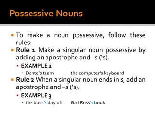 Possessive NounsTo make a noun possessive, follow these rules:Rule 1 Make a singular noun possessive by adding an apostrophe and –s (‘s).EXAMPLE 2Dante’s team		the computer’s keyboardRule 2 When a singular noun ends in s, add an apostrophe and –s (‘s).EXAMPLE 3the boss’s day off	Gail Russ’s book