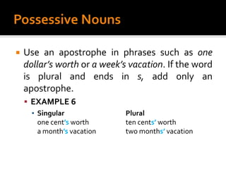 Possessive NounsUse an apostrophe in phrases such as one dollar’s worth or a week’s vacation. If the word is plural and ends in s, add only an apostrophe.EXAMPLE 6Singular			Pluralone cent’s worth		ten cents’ wortha month’s vacation		two months’ vacation