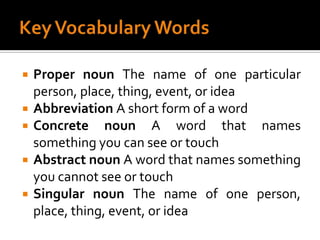 Key Vocabulary WordsProper noun The name of one particular person, place, thing, event, or ideaAbbreviation A short form of a wordConcrete noun A word that names something you can see or touchAbstract noun A word that names something you cannot see or touchSingular noun The name of one person, place, thing, event, or idea