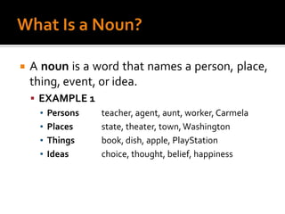 What Is a Noun?A noun is a word that names a person, place, thing, event, or idea.EXAMPLE 1Persons	teacher, agent, aunt, worker, CarmelaPlaces	state, theater, town, WashingtonThings	book, dish, apple, PlayStationIdeas		choice, thought, belief, happiness
