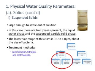 • large enough to settle out of solution
• In this case there are two phases present, the liquid
water phase and the suspended-particle solid phase.
• The lower size range of this class is 0.1 to 1.0μm, about
the size of bacteria.
• Treatment methods:
• sedimentation, filtration,
and centrifugation.
5
Total Solid (TS)
Suspended
solid (SS)
Volatile
suspended
solid (VSS)
Fixed
suspended
solid (FSS)
Dissolved solid
(DS)
Volatile
dissolved solid
(VDS)
Fixed dissolved
solid (FDS)
(a). Solids (cont’d)
i) Suspended Solids:
1. Physical Water Quality Parameters:
 