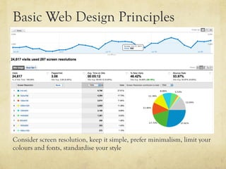 Basic Web Design Principles




Consider screen resolution, keep it simple, prefer minimalism, limit your
colours and fonts, standardise your style
 