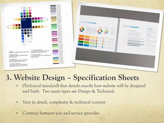 3. Website Design – Specification Sheets
   •    (Technical standard) that details exactly how website will be designed
        and built. Two main types are Design & Technical.

   •    Vary in detail, complexity & technical content

   •    Contract between you and service provider
 